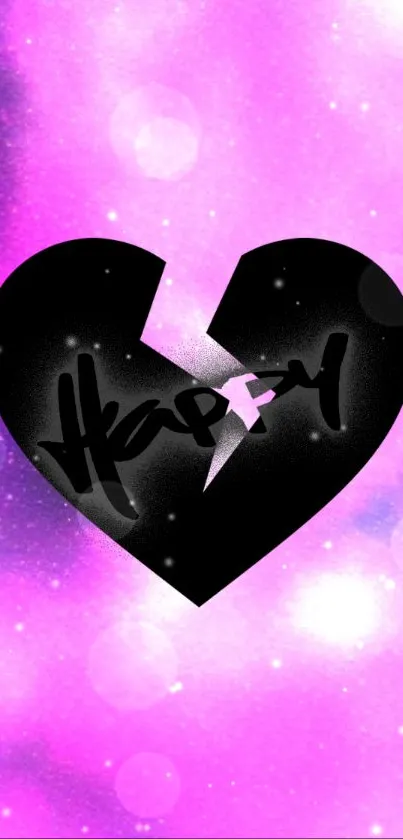 Broken heart with 'Happy' on purple galaxy background mobile wallpaper.