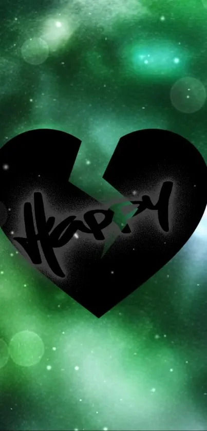 Green galaxy background with a broken heart design in black.