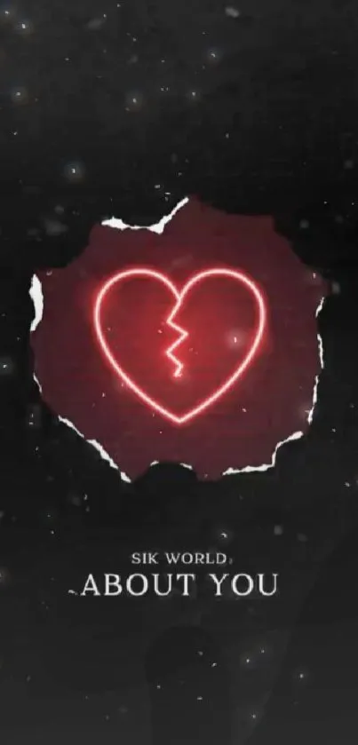 Neon broken heart on black wallpaper background.