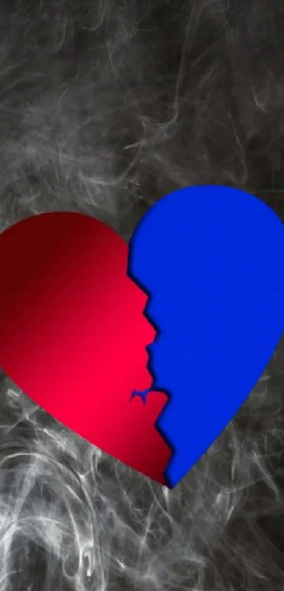 Mobile wallpaper with a broken heart and swirling smoke design.