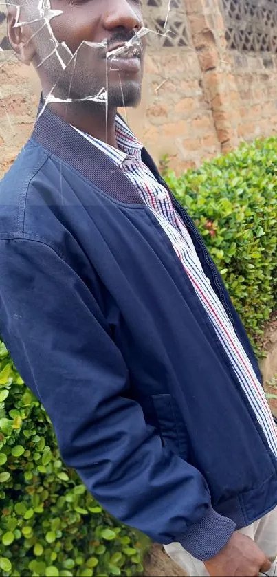 Man in a navy jacket with cracked glass effect, urban style.