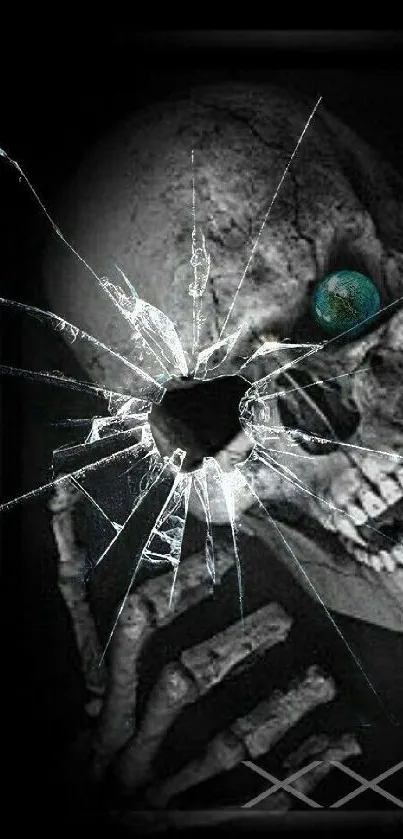 Eerie skull with shattered glass effect wallpaper in gray tones.