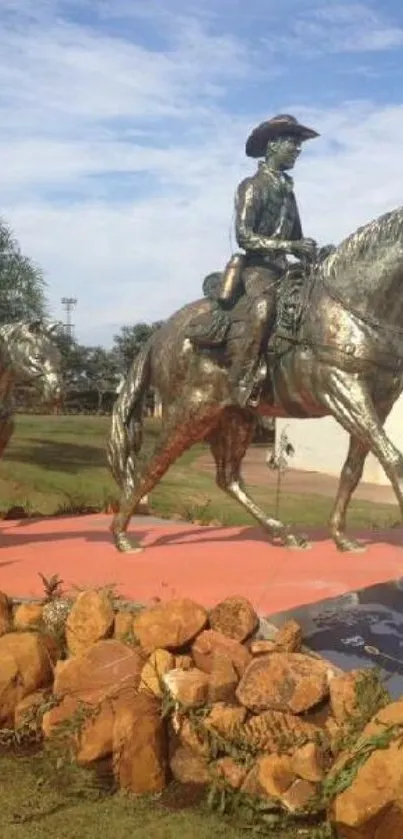 Bronze equestrian statue under blue sky wallpaper.