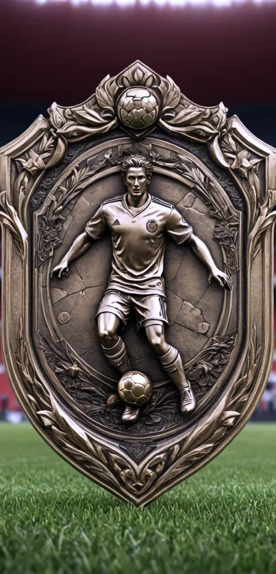 Bronze soccer shield in stadium setting wallpaper.