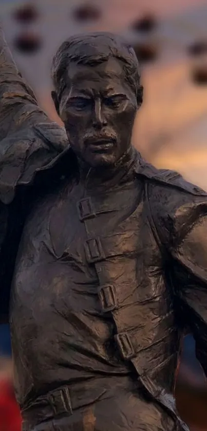 Close-up of bronze statue with sunset in the background.