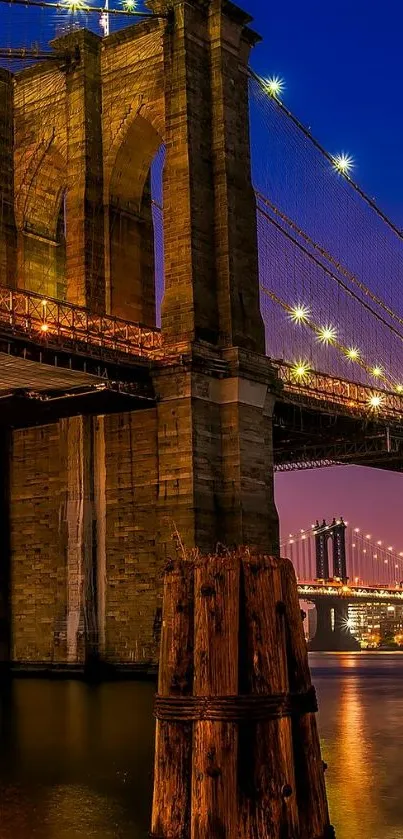 Brooklyn Bridge against a vibrant evening skyline, capturing its majestic architecture.