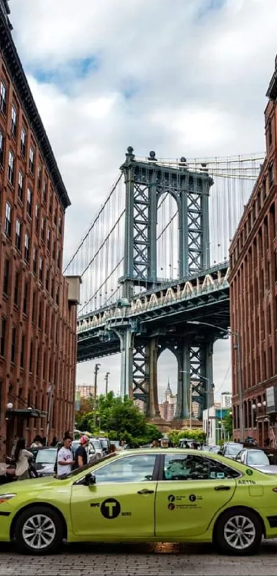 Brooklyn Bridge view with taxi and city buildings.