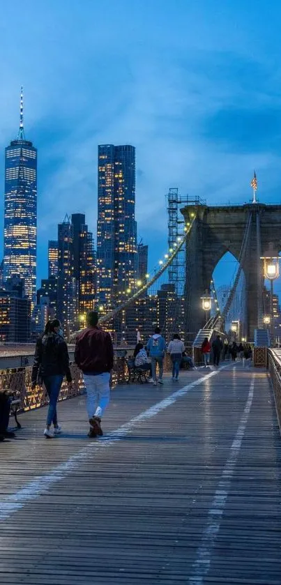 Evening view of Brooklyn Bridge with cityscape.