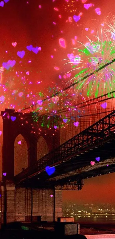 Brooklyn Bridge with fireworks lighting up the night sky in vibrant reds.