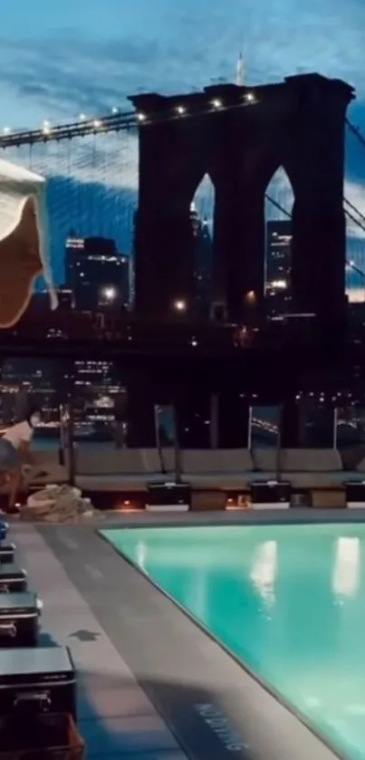 Brooklyn Bridge and pool at night with city lights.