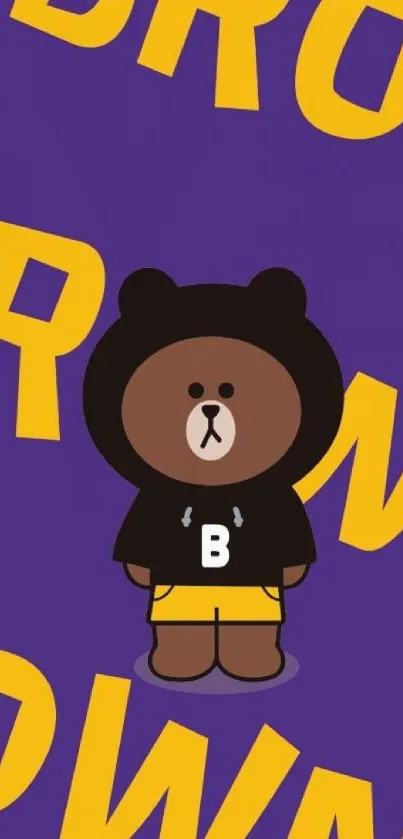 Cute cartoon bear on purple background with yellow text.