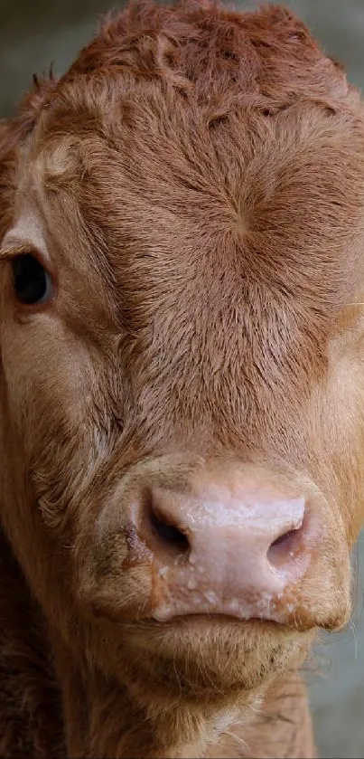 Close-up of a brown calf with ear tags in a rustic setting.