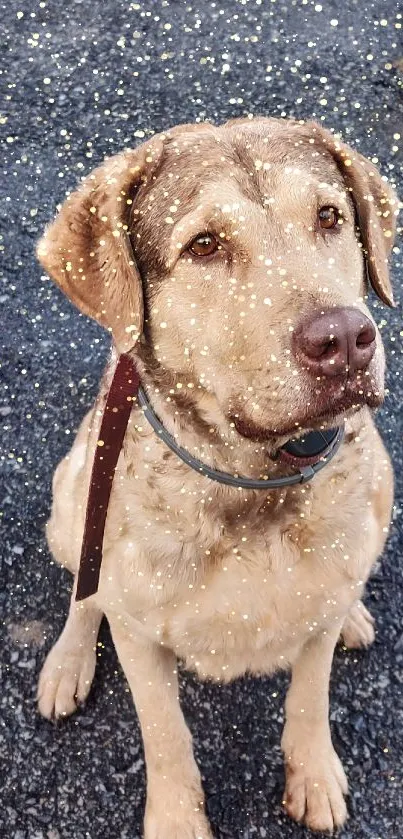 Brown dog sitting on a gravel path outdoors.