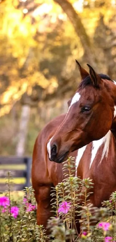 Brown horse with pink flowers and golden trees in the background.