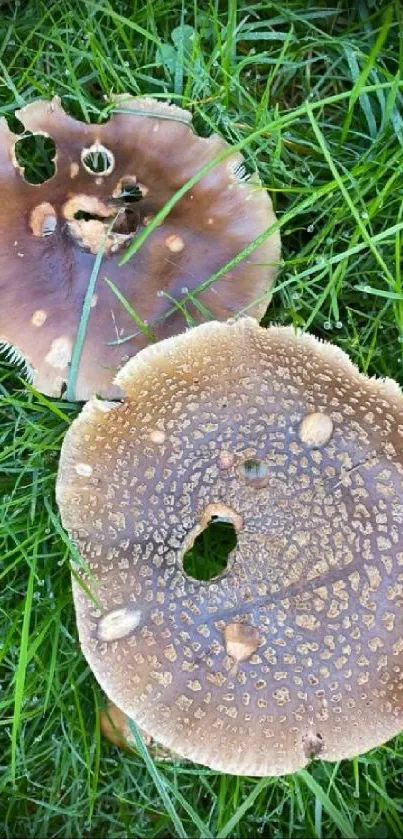 Brown mushrooms growing on lush green grass.