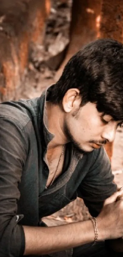 Young man in reflective pose with brown-themed background.