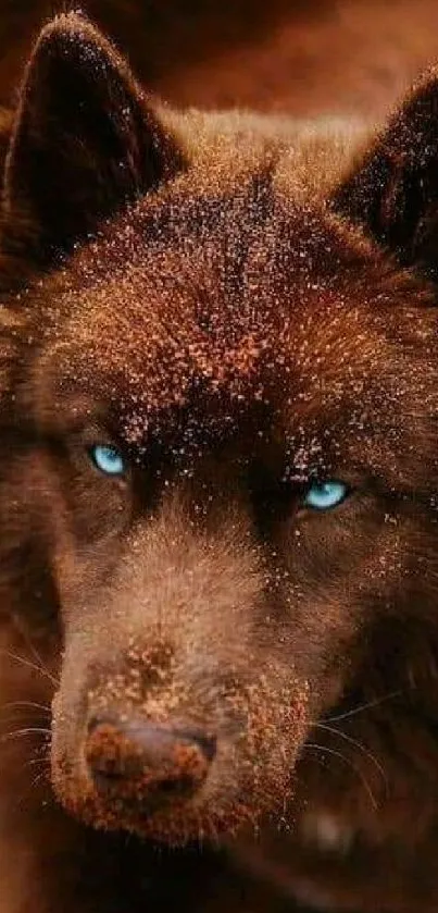 Majestic brown wolf with piercing blue eyes in a natural setting.