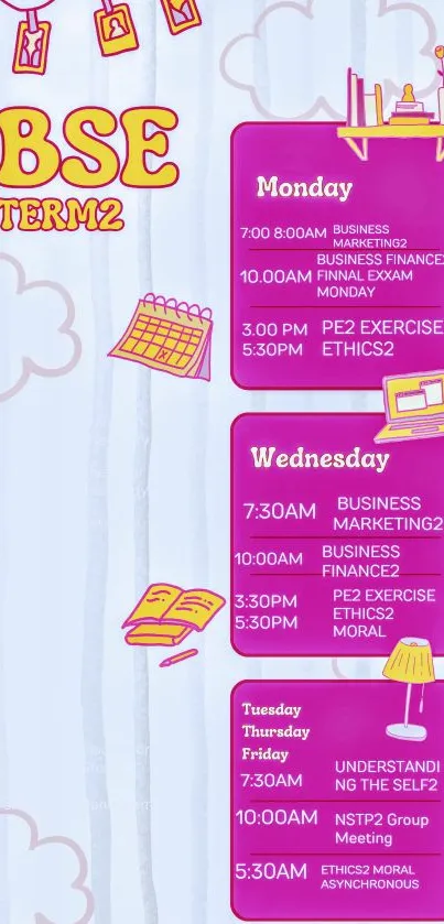 Mobile wallpaper with BSE Term2 schedule in vibrant magenta and blue.