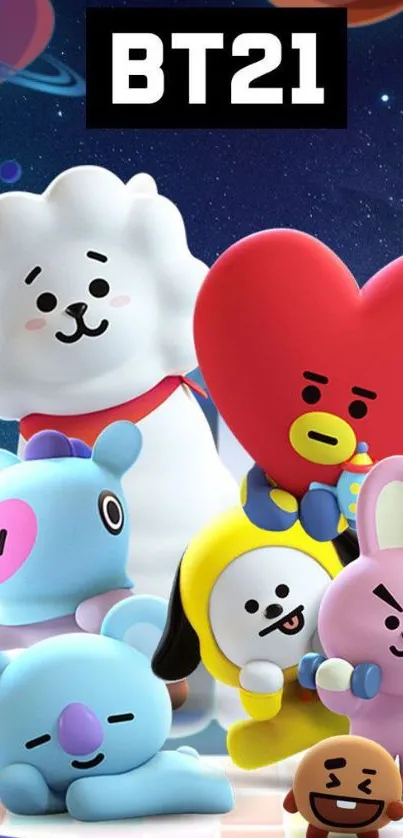 Colorful BT21 cartoon wallpaper with galaxy theme.