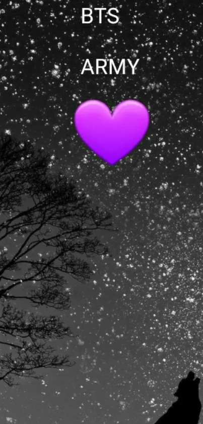 BTS ARMY wallpaper with purple heart and starry sky.