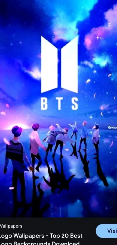 BTS cosmic-themed wallpaper with vibrant blue hues and a galaxy background.