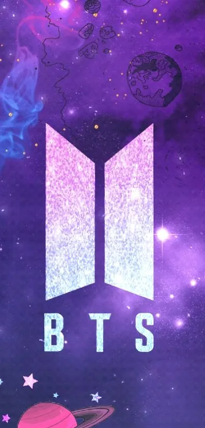 Vibrant cosmic BTS wallpaper with purple galaxy design.