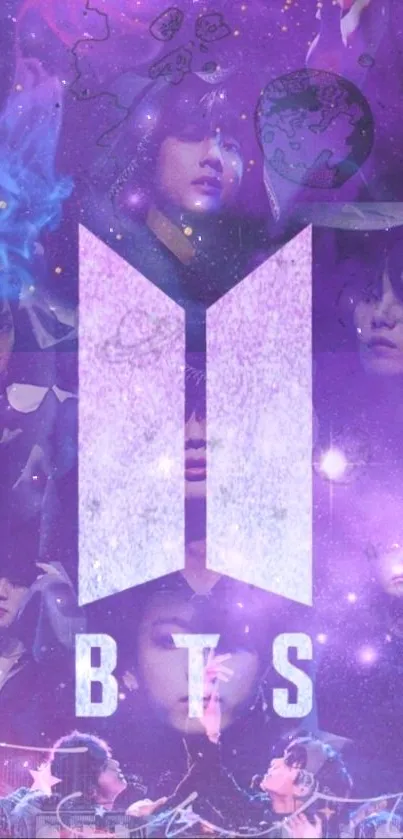 BTS cosmic purple wallpaper with galaxy theme and band members.