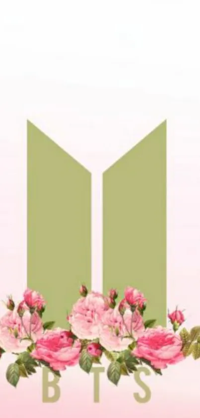 BTS logo with pink floral design on mobile wallpaper.