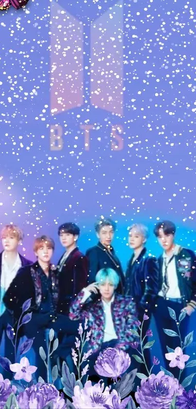 BTS wallpaper with stardust and floral design in purple hues.