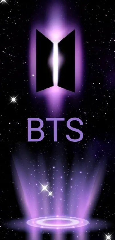 BTS logo with purple galaxy background and light effects.