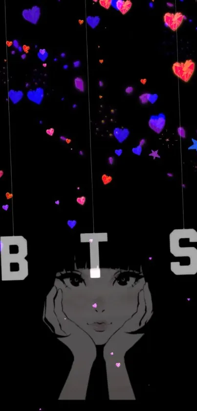 Mobile wallpaper with BTS letters and colorful floating hearts.