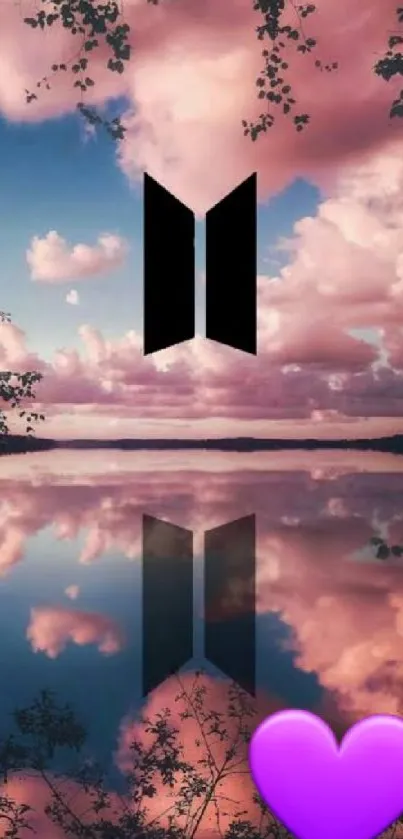 BTS logo with dreamy pink sky reflection and purple heart.