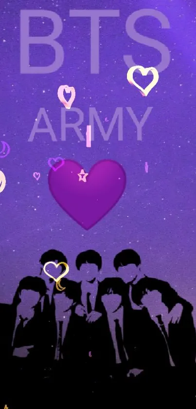 Purple galaxy theme BTS wallpaper featuring silhouette and heart.