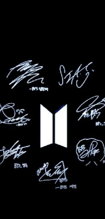 BTS signature and logo on black wallpaper.