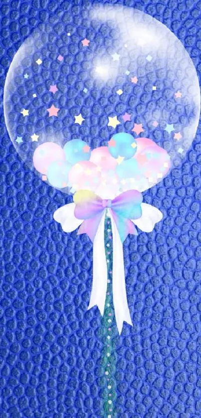 A colorful bubble balloon with ribbon on a bold blue textured background.