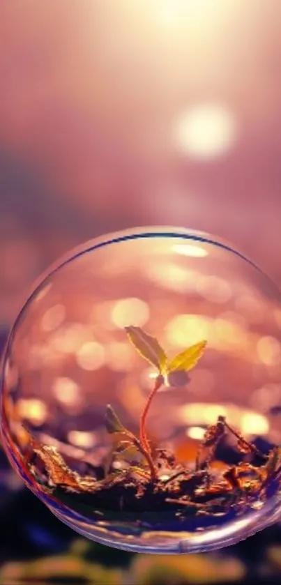 Sprout inside a bubble with a warm bokeh background.