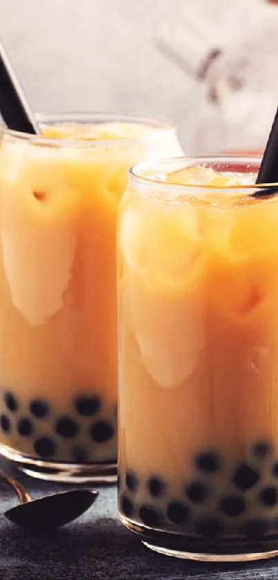 Creamy bubble tea with tapioca pearls in a stylish setting.