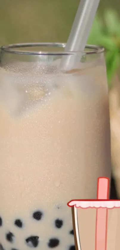 Mobile wallpaper of a glass of bubble tea with tapioca pearls.