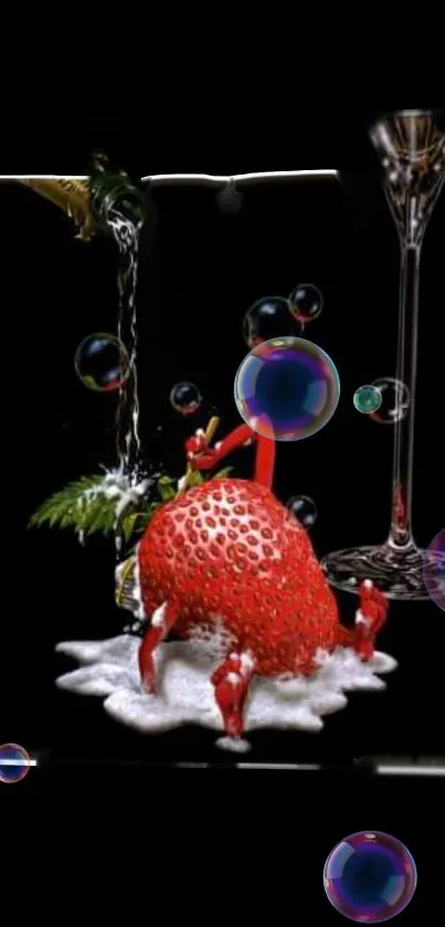 Surreal red crab in bubbles against a black background.