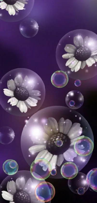 White flowers inside bubbles on a deep purple background mobile wallpaper.