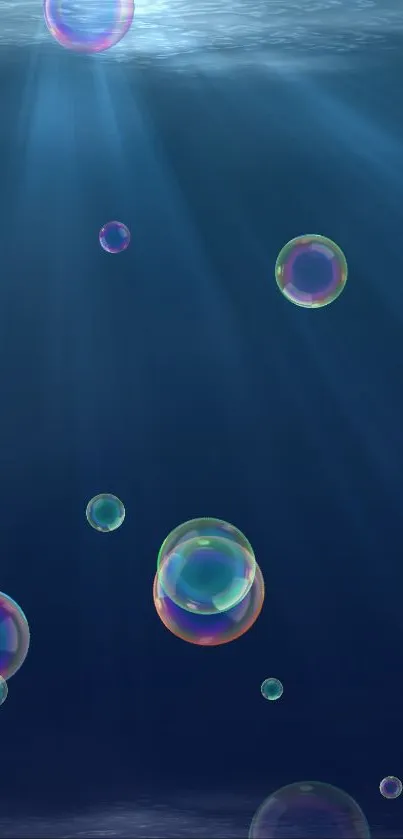 Underwater scene with floating bubbles in deep blue hues.