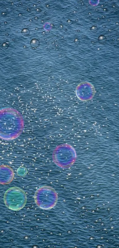 Colorful bubbles floating over blue water background wallpaper.