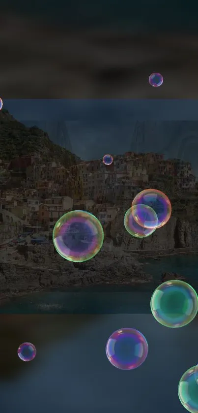 Colorful bubbles floating over a cliffside village view.