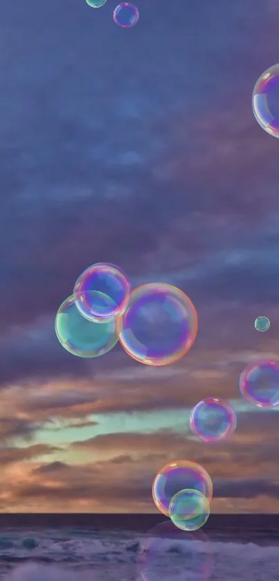 Vibrant sunset sky with floating bubbles over the ocean.