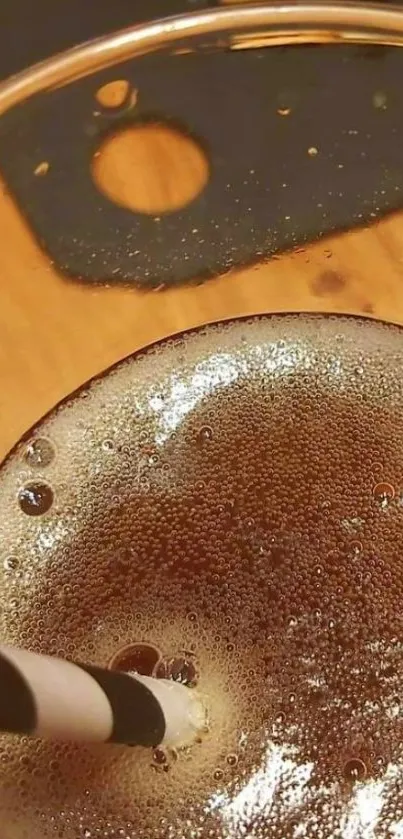 Close-up of fizzy drink with straw in glass.