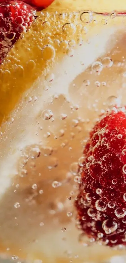 Close-up of lemon and raspberry in sparkling bubbles.