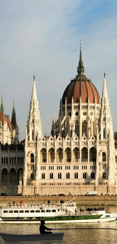 Budapest Parliament building reflecting in the river, with clear blue sky.