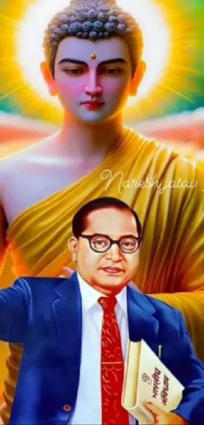 Colorful artwork of Buddha and a leader in cultural attire.