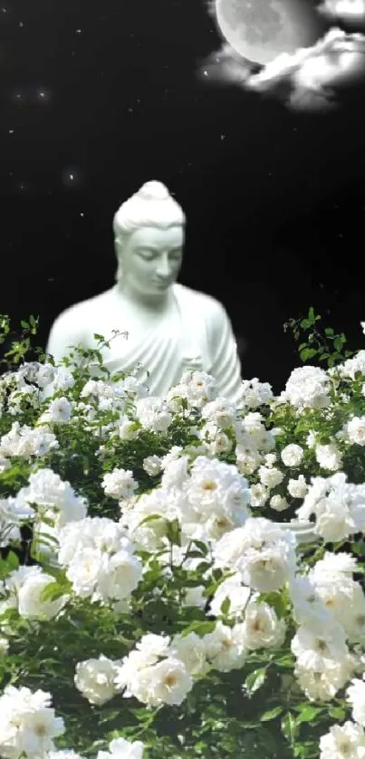 Buddha statue with moonlit white roses.