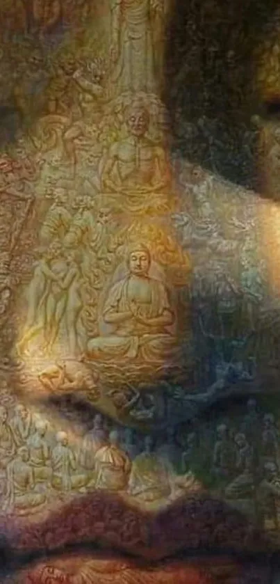 Buddha face with intricate artwork overlay on wallpaper.